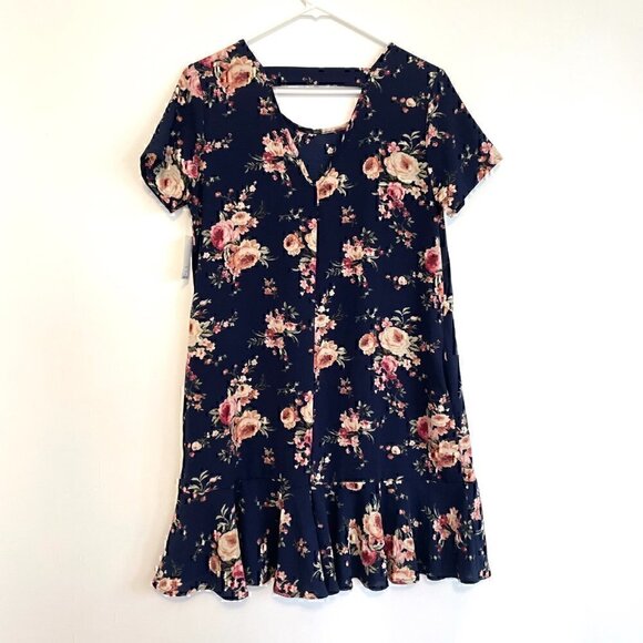 NEW NWT BLUE RAIN FRANCESCA'S Navy Blue Pink Cream Floral Ruffle Shift Dress M - Picture 8 of 11